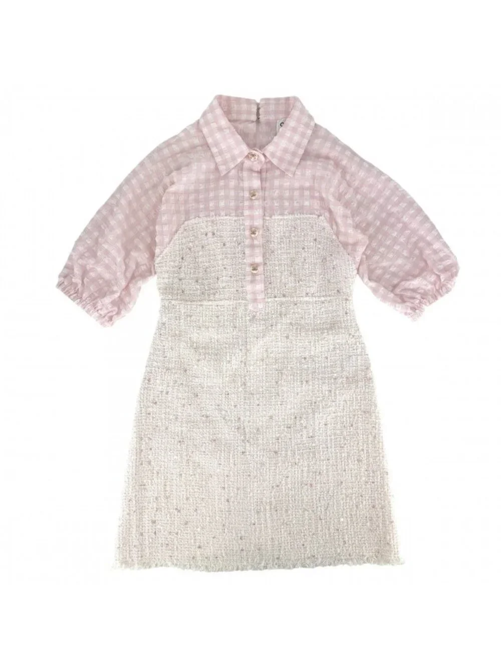 Chanel Dress Tweed Check Coco Button Sequin 38 Pink White Spring Summer Autumn